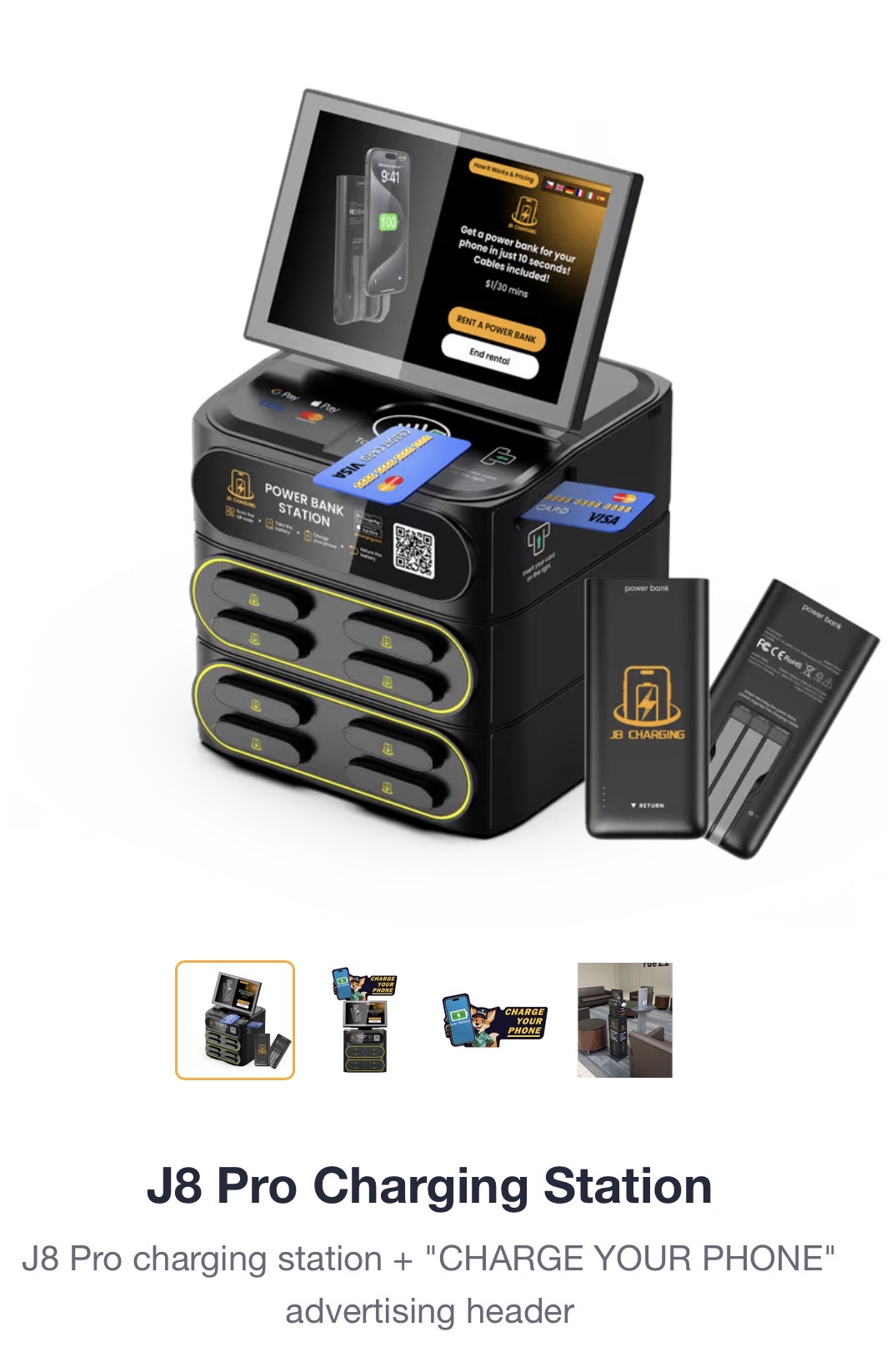 J8 Pro tabletop portable phone charging station with rental battery packs, shown in full