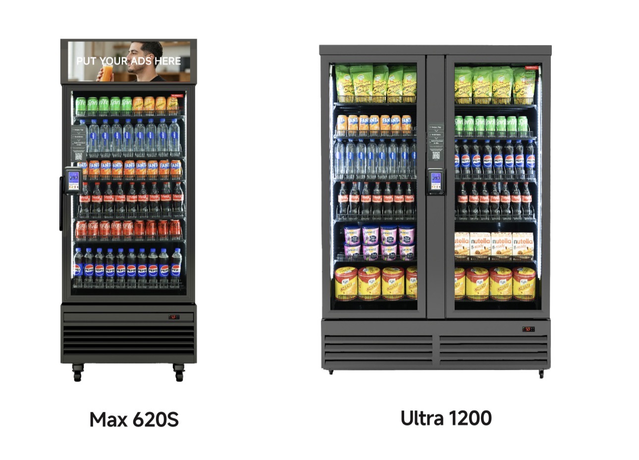 Max 620S single-door and Ultra 1200 double-door smart vending machines, shown in full
